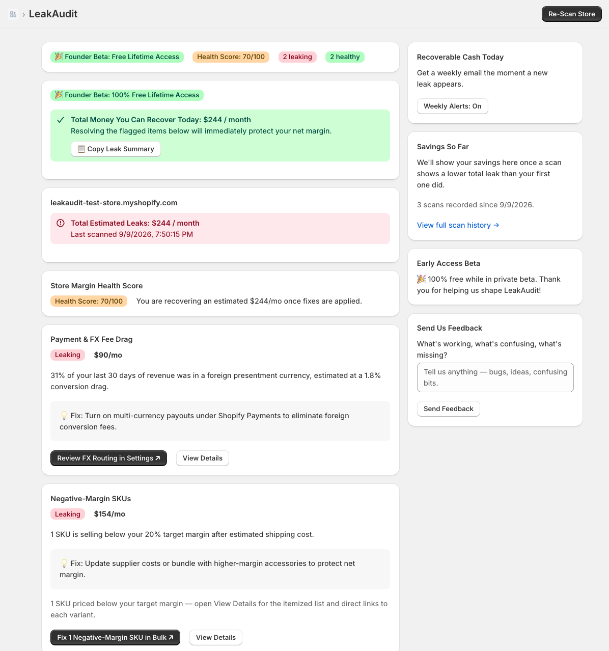 Real LeakAudit dashboard screenshot showing $244/month in recoverable cash leaks, a store margin health score, and itemized leak cards with one-click fixes